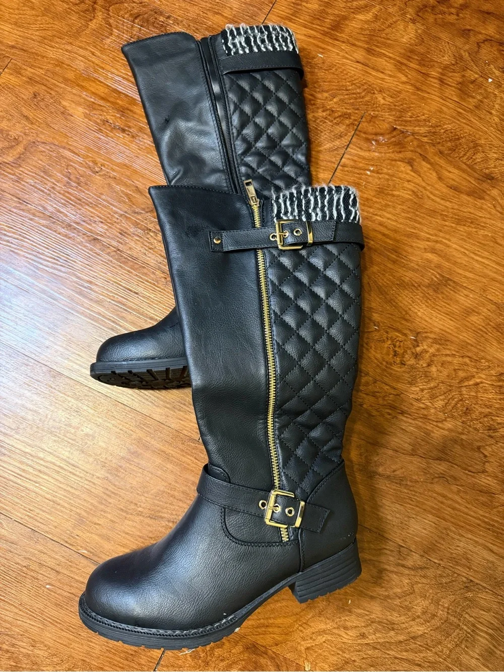 Quilted Over-the-Knee Women's Boots with Knit Cuff - Black